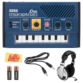 Korg Monotron Duo Analog Ribbon Synthesizer with Dual Oscillator Bundle with Headphones, Aux Cable, AAA Batteries, and Polishing Cloth