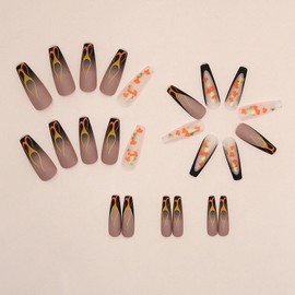Fall Press on Nails Long Coffin MABKJLF French Tip Fake Nails Black Full Cover Flash Maple Leaf False Nails with Designs Matte Glue on Nails Manicure Artificial Acrylic Nails for Women Girls 24Pcs
