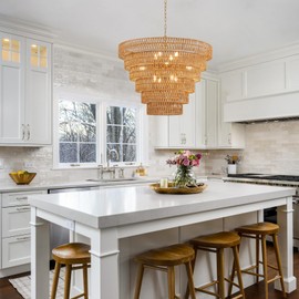 Widluth 31.5“ Hand-Woven Rattan Chandelier Vintage Farmhouse 12-Lights Boho Bamboo Large Chandelier Light Fixture 6-Tier Drum Wicker Golden Chandelier for Dining Room, Living Room, Kitchen, E12