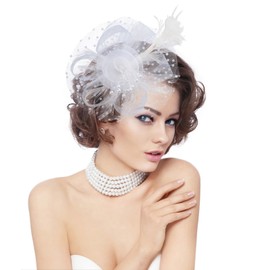 GHGMAO Fascinators Hat for Women Derby Tea Party Hat White Fascinators for Wedding Flower Cocktail Mesh Ribbons Feathers Hair Clip (White)