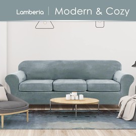Lamberia High Stretch Sofa Cover for 2 Cushion Couch Loveseat Cover 3 Pieces Thick &Washable Plush Velvet Sofa Slipcover Couch Cover Furniture Protector for Dogs,Pets&Kids (Stone Blue, Sofa-XL)