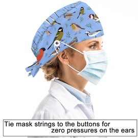 Bird Pattern Working Cap with Button Sweatband Bouffant Hats Adjustable Working Hat Surgical Cap Nurse Cap Elastic Bandage Tie Back Hats Scrub Caps for Women Men Long Hair