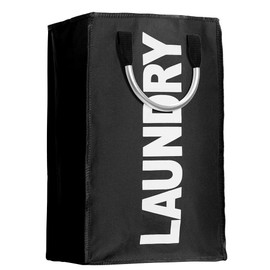 IHOMAGIC Portable Polyester Laundry Bag, Foldable Laundry Hamper with Aluminum Handles, Foldable Clothes Bag, Large Laundry Storage Bag, 13"L x 21"H x 9"W, (Black)