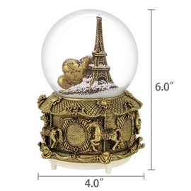 Paris Musical Snow Globe with Color Changing LED Lights, Eiffel Tower Snow Globe with Merry-go-Round Base, 100mm 6" Tall Souvenirs Collection (Bronze)