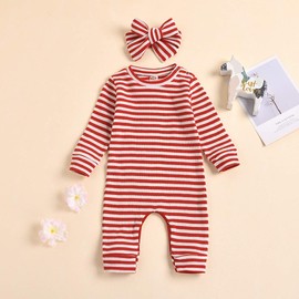 Aimaopao Newborn Infant Baby Girl Romper Bodysuit Girls Stripe Print One Piece Jumpsuit Pants Clothes Outfits (Stripe Long Sleeve Red, 9-12 Months)