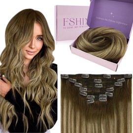 Fshine Clip In Hair Extension Human Hair Balayage Medium Brown with Honey Blonde Hair Extensions Clip In Human Hair Double Weft Clip in Real Hair Extensions 16 Inch 120g 7Pcs