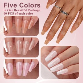 SXVME Soft Gel Nail Tips Long Coffin Gel X Tips, 300Pcs Pre-applied Tip Primer Gel X Nail Tips, False Nails Press ons, 5 Natural Colors Press on Nails Long Coffin Fake Nails for DIY Nail Art