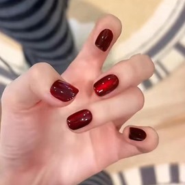 Red Cat Eye Press on Nails Short Square Fake Nails Glitter False Nails with Design Bling Glossy Glue on Nail Wine Red Gradient Acrylic Shiny Artificial Stick on Nail for Women Manicure 24Pcs