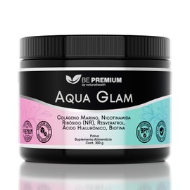 Natural Health Aqua Glam: Colágeno Marino, Nicotidamida Ribósido, Resveratrol, Biotina, Ácido Hialurónico + Vitaminas Esenciales, 300 Gramos, Sabor Fresa-Kiwi, sin Azúcar, sin Gluten, sin GMO