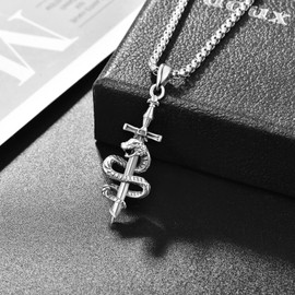 praymos Snake Necklace Cross 925 Sterling Silver Snake Pendant Animal Gothic Jewellery Religious Necklace Slytherin Gifts for Men Boys (NECKLACE-2)