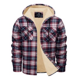 CRYSULLY Winter Hoodies for Men Lightweight Fleece Lined Plaid Shirts Soft Warm Button Flannel Coats with Hood for Men Red 2XL