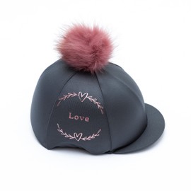 Luvponies Stunning Riding Hat Cover | Love Wreath Design, Grey and Rose Gold Skull Cap | Fluffy Pom Pom Riding Hat Silk | Customised Horse Gifts For Children