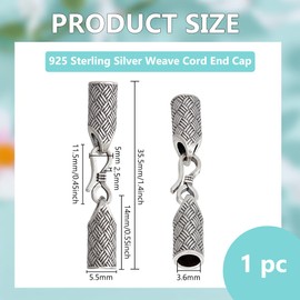 BENECREAT 925 Sterling Silver Crimp End Cap, 35.5mm Long Barrel End Tip with Clasp, Bracelet Closure for Jewelry Making, Silver Cord Ends for Leather Cord, Bracelet, Necklace