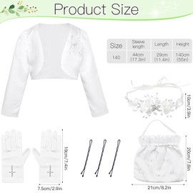Lezehea 140 cm White Communion Dress Jacket Girls First Communion Long Sleeve Cardigan Top with Flower Hair Accessories Communion Gloves Hairpin Bag Suitable for Communion, Christening, Wedding, White