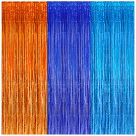 Blue Orange Dog Theme Birthday Party Supplies, Blue Orange and Light Blue Foil Fringe Curtains, Blue Orange Streamer Backdrop for Baby Shower Girls and Boys Blue Theme Party Decorations(3Pack)