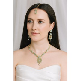 Touchstone Indian Bollywood Gorgeous Intricate Craftsmanship Sparkling White Colorful Rhinestone Crystal Wedding Designer Jewelry Necklace Set Gold and Silver Tone for Women, Metal,, Metal, No