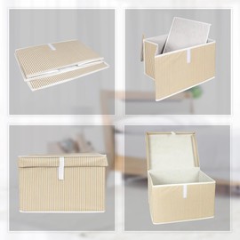 Pazar Kapısı Interlining Fabric Foldable Storage Bin Cube Organizer Basket with Flip-Top Lid, Clothes Blanket Box for Home, Office, Closet, Shelves (2 Pack 15.7 X 11.8 X 10.2, Stripes Beige)