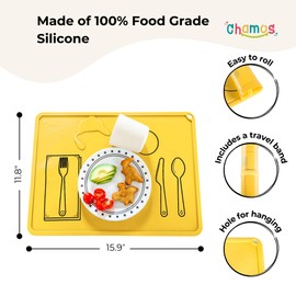 CHAMOS Silicone Placemats for Toddlers and Kids - Montessori Placemat - Non-Slip - Single (Yellow)
