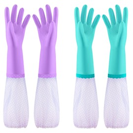 Elgood 2 Pairs Reusable Household Gloves, Latex-Free, Cotton Lined Cleaning Gloves, Rubber Gloves for Kitchen, Dishwashing, Cleaning (Purple + Blue, Long Sleeve, Large)