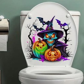 Colorful Pumpkin Ghost Bat Toilet Cover Sticker Decals,Fish Bird Flower Leaf Waterproof Toilet Lid Tank Seat Decals Cistern Self-Adhesive Bathroom Wall Sticker