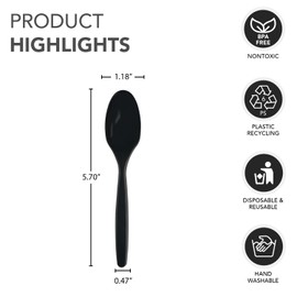 Party Essentials Pack of 100 Heavy Duty Hard Plastic Disposable Cutlery, 7" Soup Spoons, Black