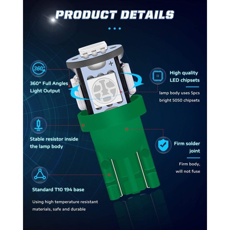Alopee 30 Pack 194 LED Bulb Green DC 12V T10