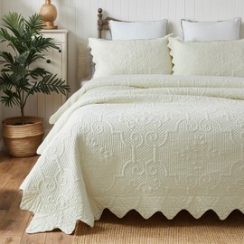 Brandream King Size Quilt Set Cotton Matelasse Coverlet Set Farmhouse Cream Pale Yellow Quilts Vintage Scalloped Quilt Set 3 Piece