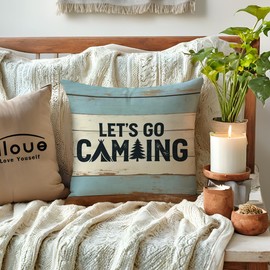 ULOVE LOVE YOURSELF Camping Throw Pillow Covers 4Pack Adventure Awaits Decorative Pillowcases Happy Campers Cushion Covers 18 X 18 Inch for Camper, Cabin Home Decor(Blue/Brown)