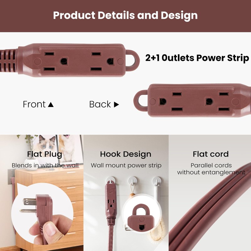 HONDERSON 3-Outlets Flat Plug Extension Cord Outlet Extender, UL Listed,