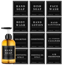 Waterproof Labels for Glass/Plastic Bottles, 12 PCS Bathroom Hand Soap Shampoo Dispenser Label Stickers, Removable Bottle Labels for Soap, Lotion, Shampoo and Conditioner (3"X3",Black)
