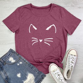 BLACKOO Women Cat Graphic Tee Cute T-Shirts Wine Red XX-Large