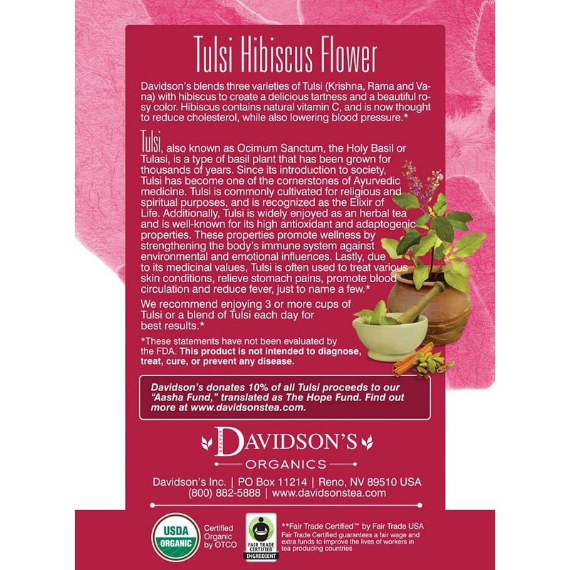 Davidson's Organics, Tulsi Hibiscus Flower, 8-count Tea Bags, Pack of