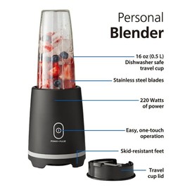 Black Single-Serve Blender With 1 Travel Lid, 16 Oz, New - This Personal Blender Features An Efficient 220-watt Motor That Provides All The Power You Need For Fast, Reliable Performance