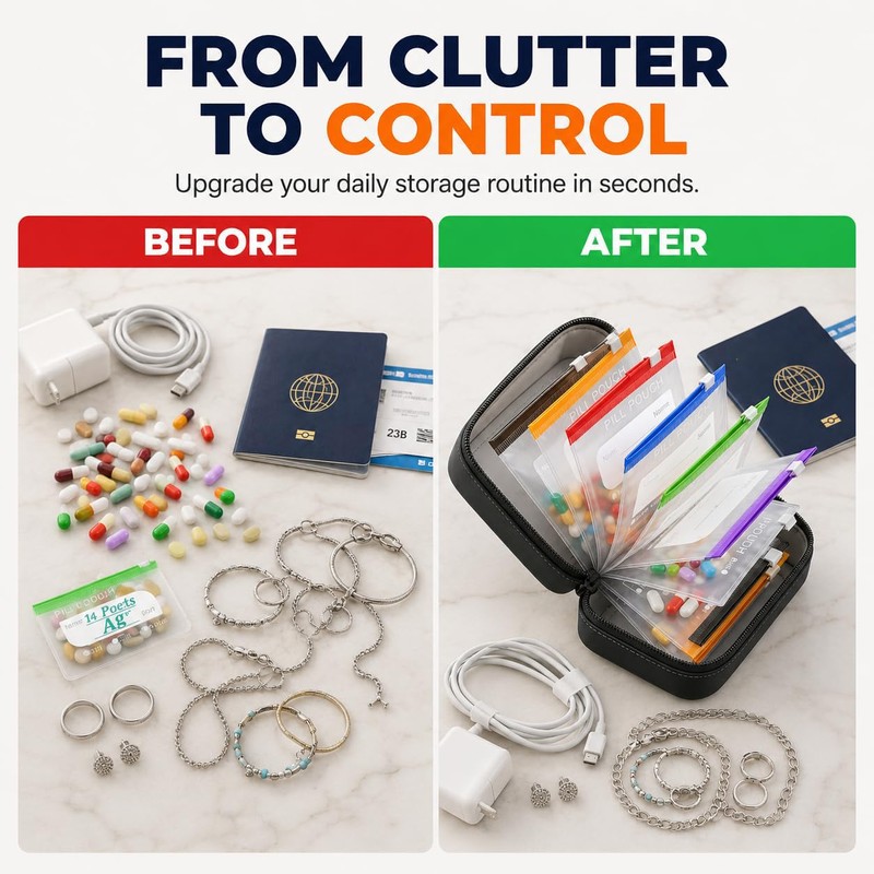 Pill Organiser Bag with 14 Colour Coded Pill Bags