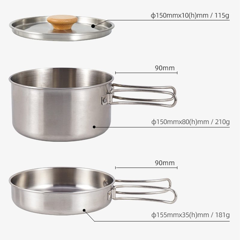 Cooking Pot and Pan Set, 304 Stainless Steel Portable Camping
