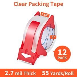 JARLINK 12 Rolls Clear Packing Tape with 2 Dispensers, Heavy Duty Packaging Tape Refills for Shipping Packaging Mailing, 2.7mil Thick, 1.88 inches Wide, 55 Yards Per Roll, 660 Total Yards
