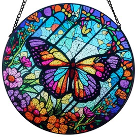 Stained Glass Window Hanging - Butterfly Suncatchers for Indoor Windows, Butterfly Stained Glass Decor for Home, Garden, Cottage, Sun Catcher Gift for Women (12 Inch)