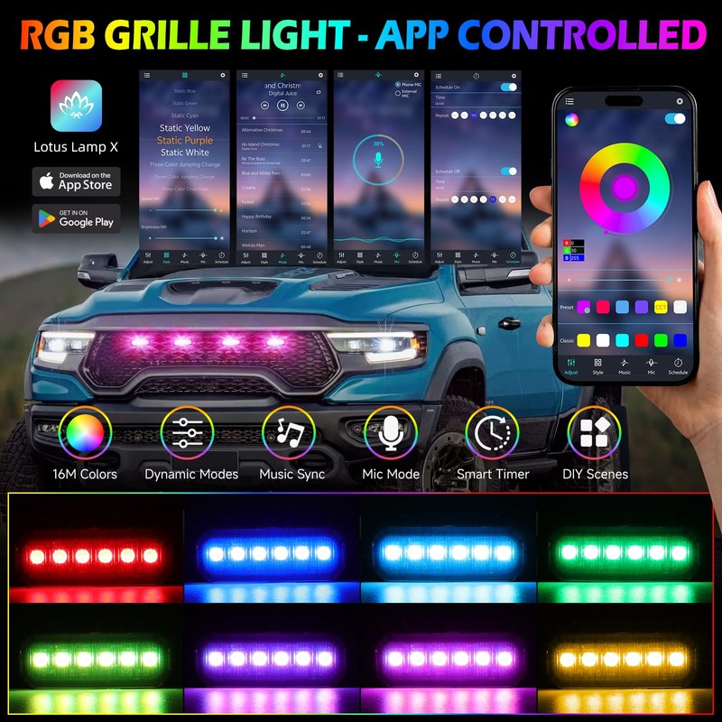 4PCS LED RGB Grille Lights, Universal Clip-On Front Grill Lights