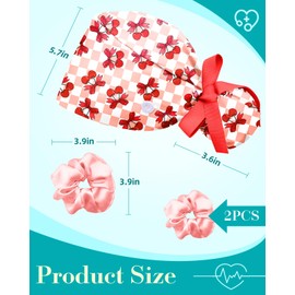 Plifal Scrub Cap Adjustable with Sweatband & Buttons - 100% Cotton Cute Cherry Surgical Nurse Working Cap Women Scrub Bonnet, Surgeon Head Cap & 2 Satin Scrunchies for Medical Work Accessories