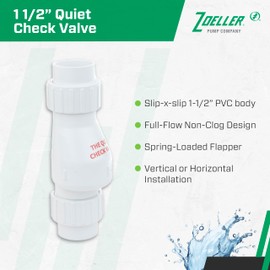 Zoeller 30‑0040 Quiet Check Valve 1-1/2″ PVC Full Flow Solvent‑Weld Union for Sump Pump Discharge – Backflow Prevention, Water Hammer Reduction, 50 PSI Rated