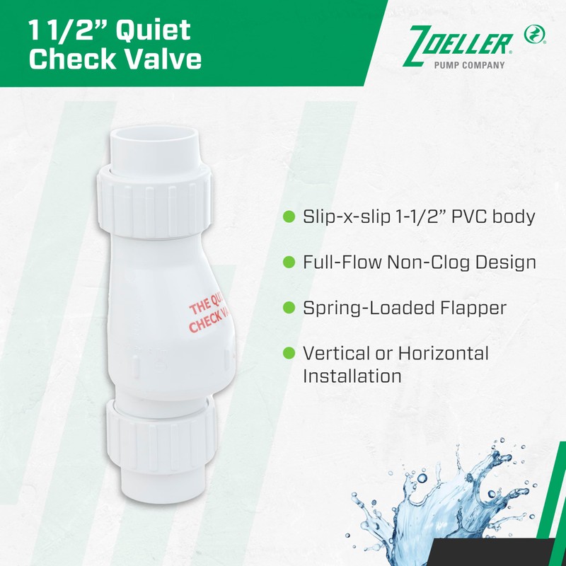 Zoeller 30‑0040 Quiet Check Valve 1-1/2″ PVC Full Flow Solvent‑Weld