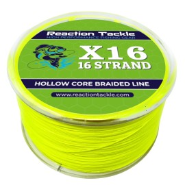 Reaction Tackle Hollow Core, 16 Strand Braided Fishing Line Hi Vis Yellow - 5...