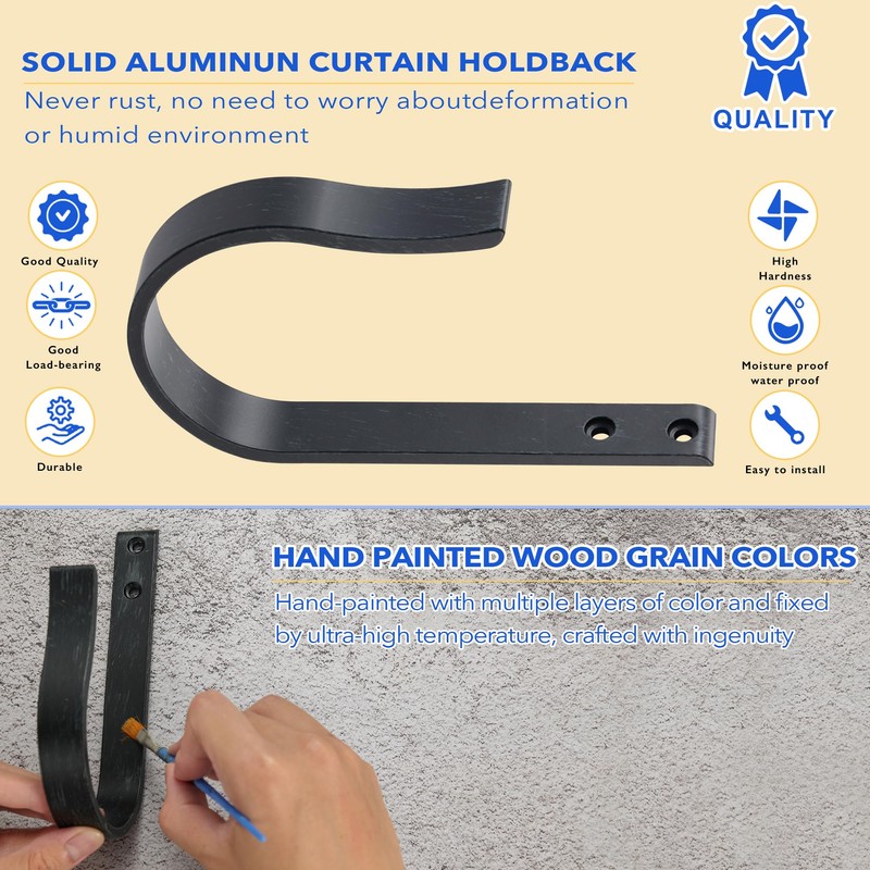 Mayrhyme Black Wood Grain Curtain Holdbacks,Solid Aluminum Wall Mounted Curtain