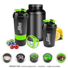 CoWalkers Botella para Proteina Gym de Coctelera con mezclador 22oz, almacenamiento de giro y bloqueo de 3 capas, 100% libre de BPA Prueba de fugas Fitness Deportes Nutrición Suplementos 650ml(Verde)