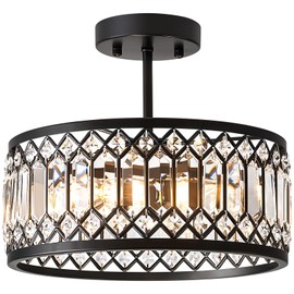 Pevfah Crystal Black Ceiling Light, Modern Semi Flush Mount Ceiling Lighting Fixture, Round Hallway Lighting Fixtures Chandelier for Kitchen Entryway Bedroom Dining Room, 3-Light, 12.2 Inch