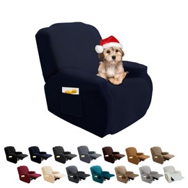 FIGOOO Stretch Cover for Relaxing Chair, 4-Piece Stretch Armchair Cover with Side Pocket, Armchair Protector for Relaxing Chair, Elastic, Washable Armchair Cover for Relaxing Chair, Navy Blue