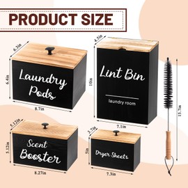 Dandat 4 Pcs Laundry Room Organization and Storage, Dryer Sheet Holder Laundry Pod Holder Scent Booster Container Magnetic Lint Bin with Scoop and Brush Wood Farmhouse Laundry Room Container (Black)