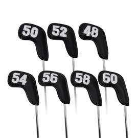 Prof 7Pcs Leather Wedge Golf Iron Head Covers Protective Club Waterproof & Scratch Resistant 48 50 52 54 56 58 60 Degree (Black White Number)
