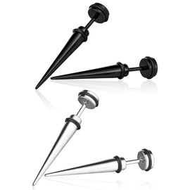 Yumilok Stainless Steel Fake Stretching Stud Earrings Piercing Earrings Hypoallergenic Earrings for Men and Women 2 Pairs (Black, Silver), Stainless Steel, No Gemstone