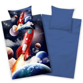 Aminata kids Microfibre Bed Linen Space 135 x 200 cm Boys Teenagers with Zip - Non-Iron - Beneficial for Allergy Sufferers - Colourful Blue - Space Rocket